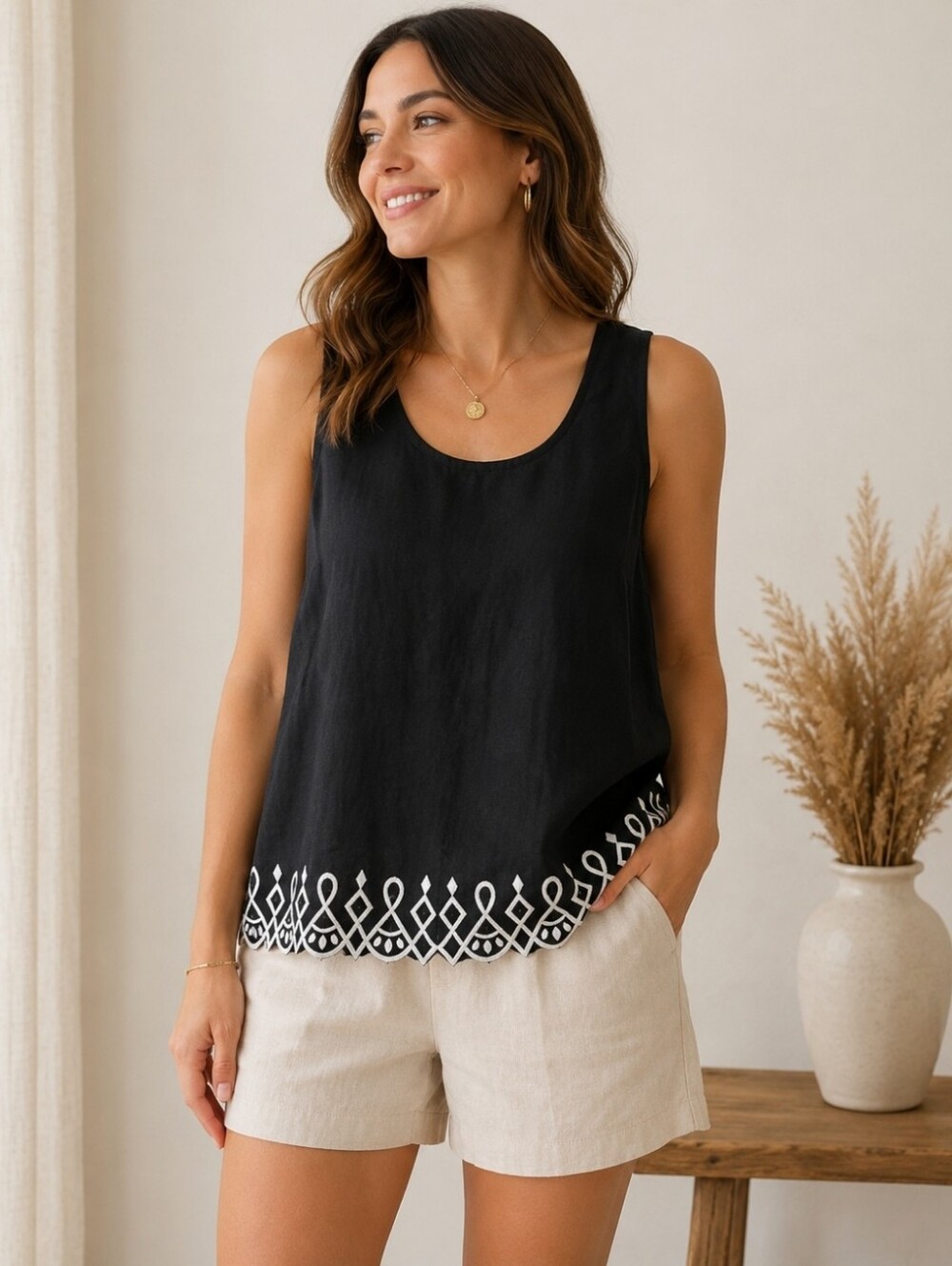 NWT Bob Mackie Wearable Art Linen Blend Embroidered Cut-Out Dressy Tank Top Med
